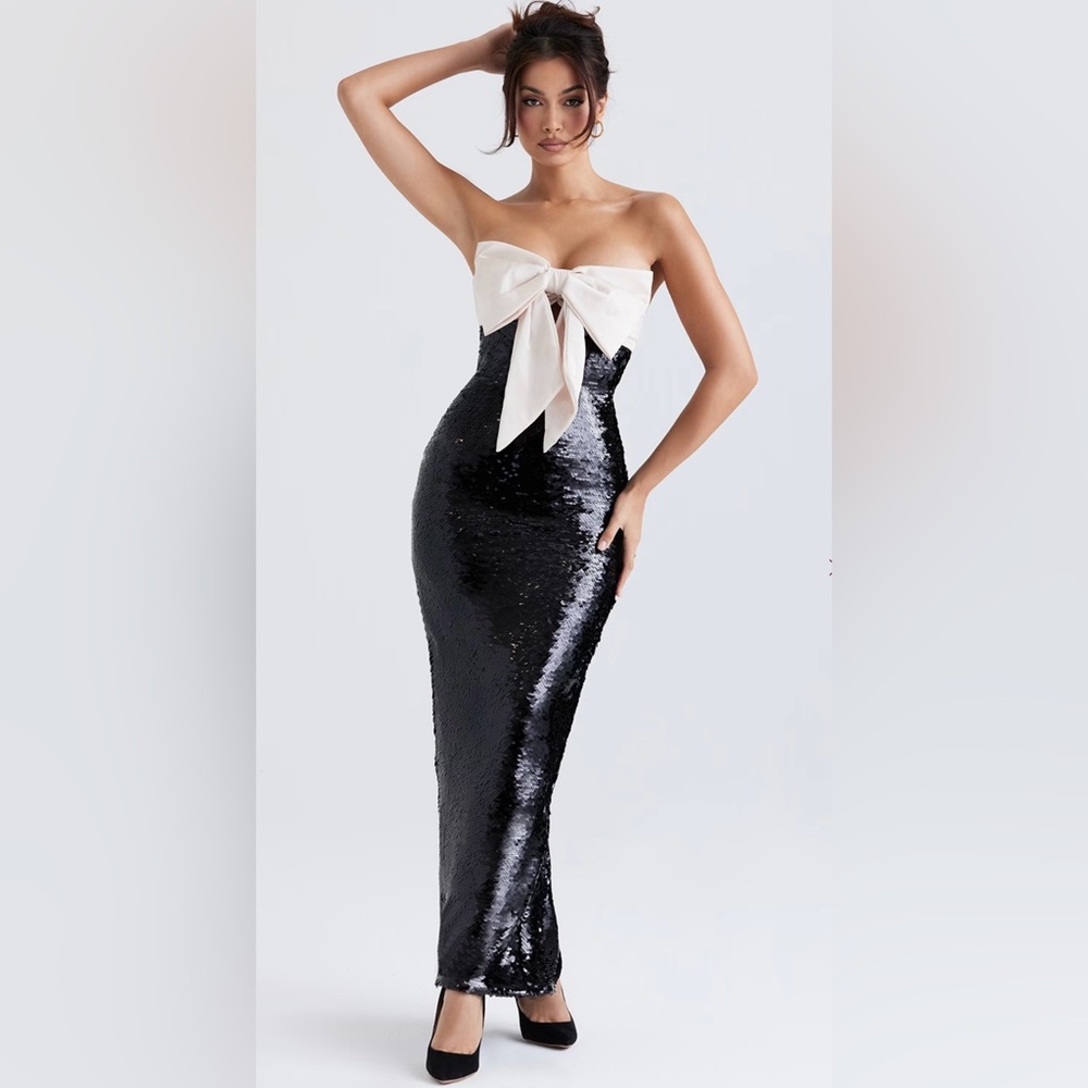 House of CB Black & White Holly Sequin Strapless Maxi Bow Dress (Size Small) - Picture 2 of 12